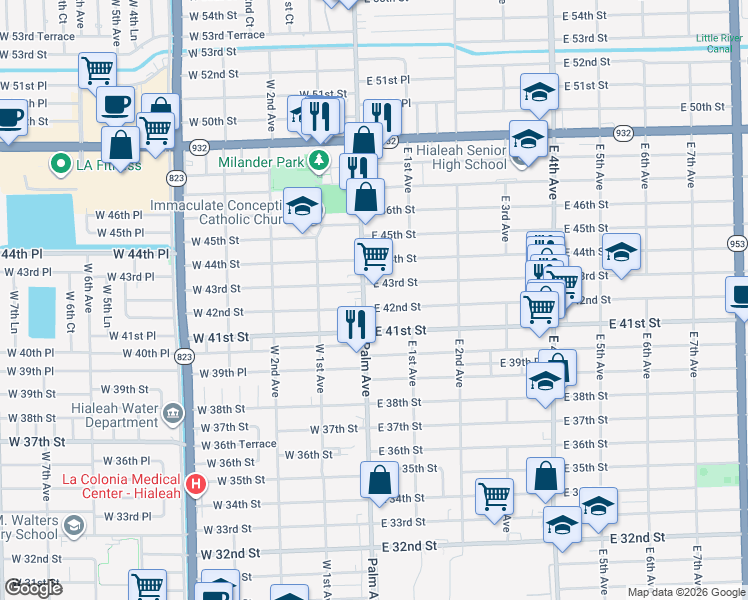 map of restaurants, bars, coffee shops, grocery stores, and more near 4140 Palm Avenue in Hialeah