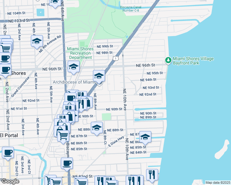 map of restaurants, bars, coffee shops, grocery stores, and more near 941 Northeast 91st Terrace in Miami Shores
