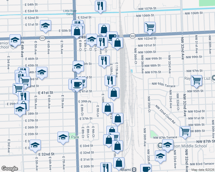 map of restaurants, bars, coffee shops, grocery stores, and more near 4157 East 10th Court in Hialeah