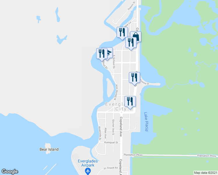 map of restaurants, bars, coffee shops, grocery stores, and more near 313 North Storter Avenue in Everglades City