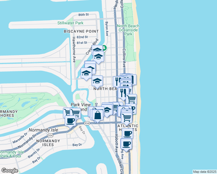 map of restaurants, bars, coffee shops, grocery stores, and more near 7620 Byron Avenue in Miami Beach