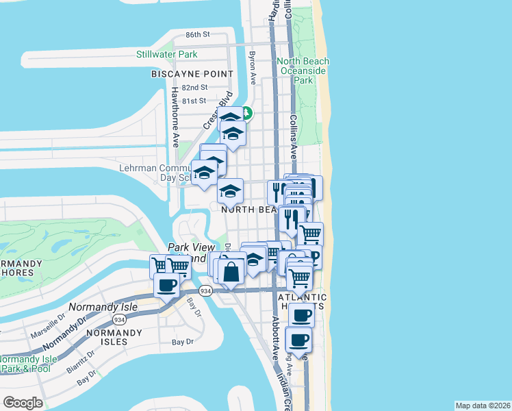 map of restaurants, bars, coffee shops, grocery stores, and more near 7620 Byron Avenue in Miami Beach