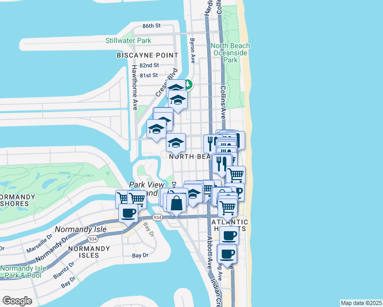 map of restaurants, bars, coffee shops, grocery stores, and more near 7620 Byron Avenue in Miami Beach