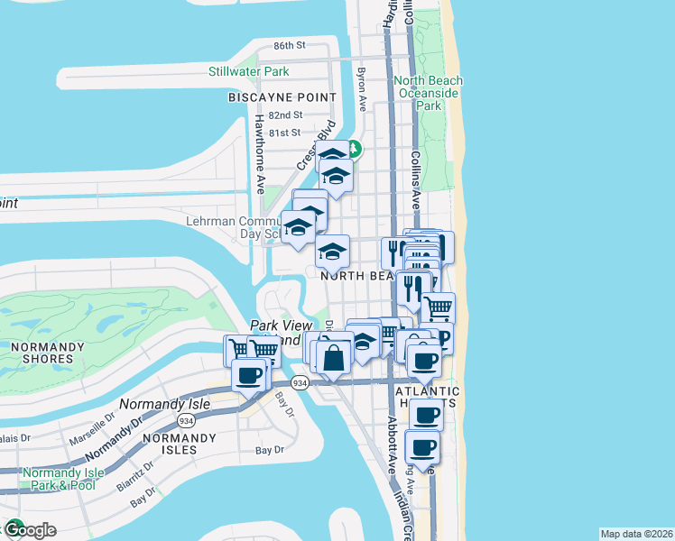 map of restaurants, bars, coffee shops, grocery stores, and more near in Miami Beach