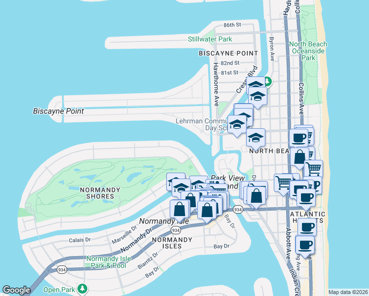 map of restaurants, bars, coffee shops, grocery stores, and more near 251 North Shore Drive in Miami Beach