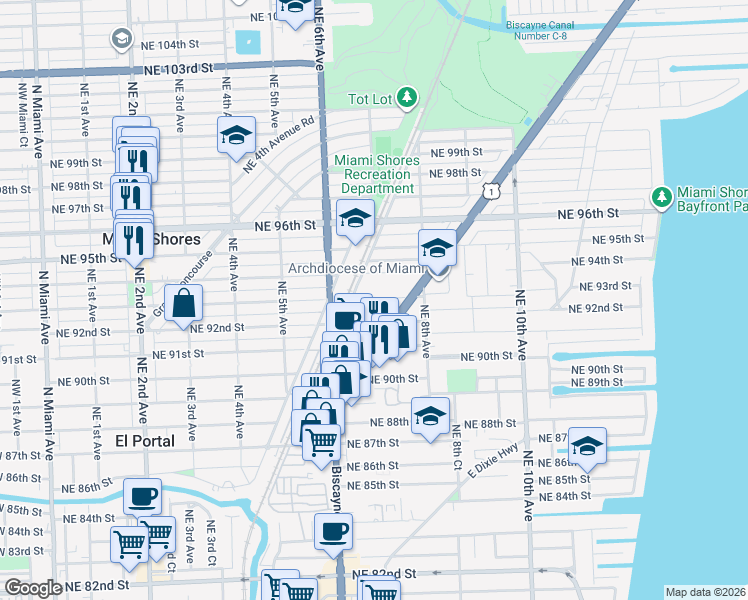 map of restaurants, bars, coffee shops, grocery stores, and more near 700 Northeast 94th Street in Miami Shores