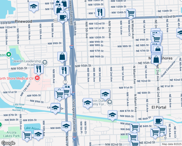 map of restaurants, bars, coffee shops, grocery stores, and more near 9416 Northwest 4th Avenue in Miami