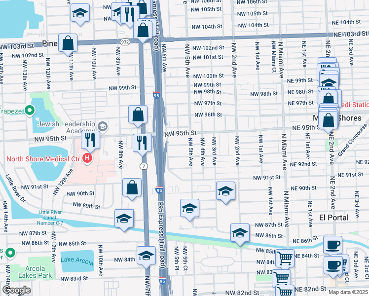 map of restaurants, bars, coffee shops, grocery stores, and more near 544 Northwest 95th Street in Miami