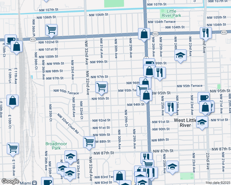 map of restaurants, bars, coffee shops, grocery stores, and more near 3030 Northwest 96th Street in Miami