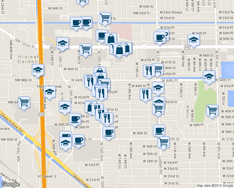 map of restaurants, bars, coffee shops, grocery stores, and more near 1550 West 44th Place in Hialeah