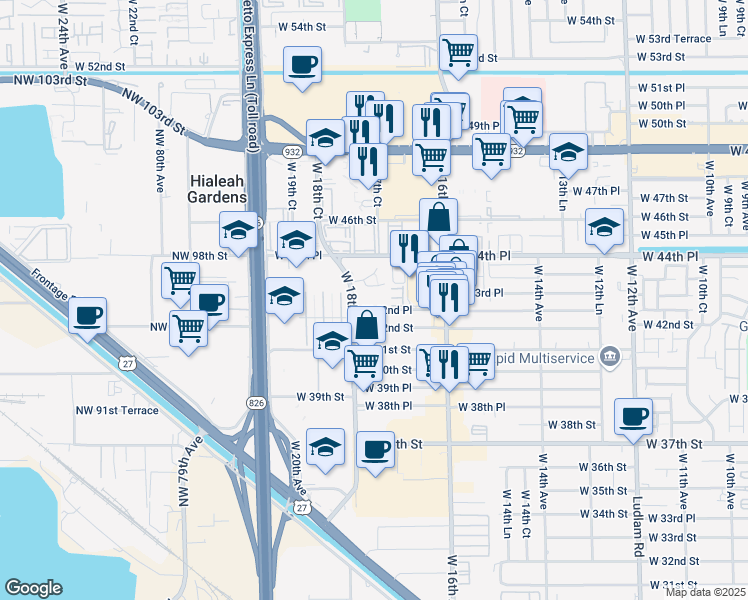 map of restaurants, bars, coffee shops, grocery stores, and more near 1664 West 44th Place in Hialeah