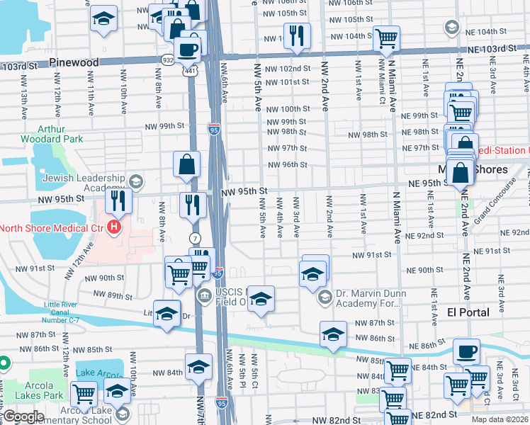 map of restaurants, bars, coffee shops, grocery stores, and more near 9416 Northwest 4th Avenue in Miami
