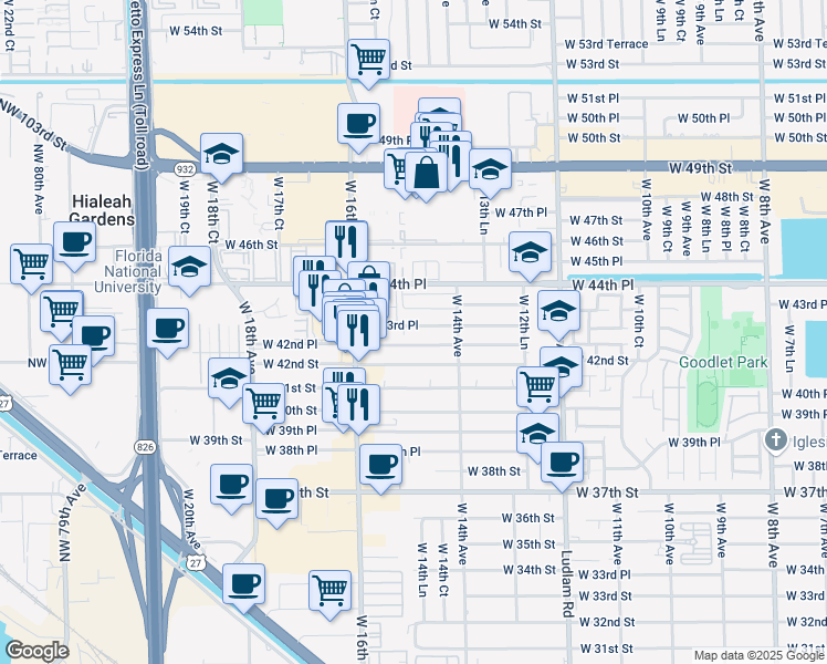 map of restaurants, bars, coffee shops, grocery stores, and more near 1550 West 44th Place in Hialeah