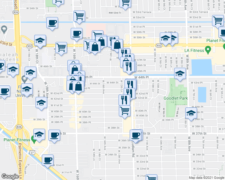map of restaurants, bars, coffee shops, grocery stores, and more near 1362 West 42nd Place in Hialeah