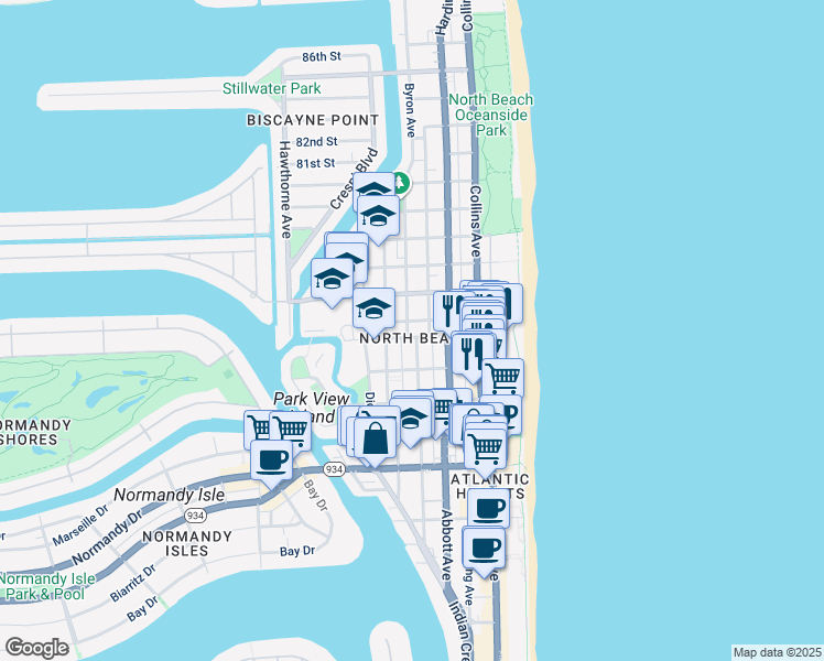 map of restaurants, bars, coffee shops, grocery stores, and more near 7620 Byron Avenue in Miami Beach