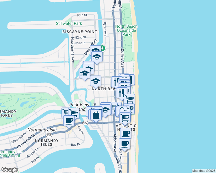 map of restaurants, bars, coffee shops, grocery stores, and more near 7620 Byron Avenue in Miami Beach