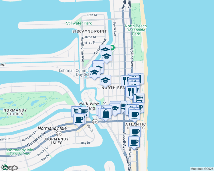 map of restaurants, bars, coffee shops, grocery stores, and more near 7620 Dickens Avenue in Miami Beach