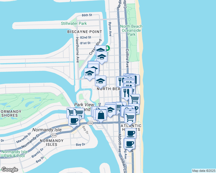 map of restaurants, bars, coffee shops, grocery stores, and more near 7620 Byron Avenue in Miami Beach