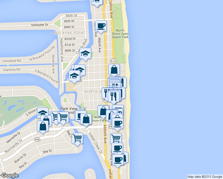 map of restaurants, bars, coffee shops, grocery stores, and more near in Miami Beach
