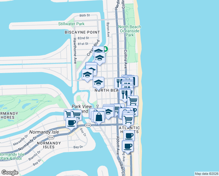 map of restaurants, bars, coffee shops, grocery stores, and more near 7620 Byron Avenue in Miami Beach