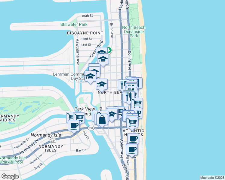 map of restaurants, bars, coffee shops, grocery stores, and more near 7620 Byron Avenue in Miami Beach