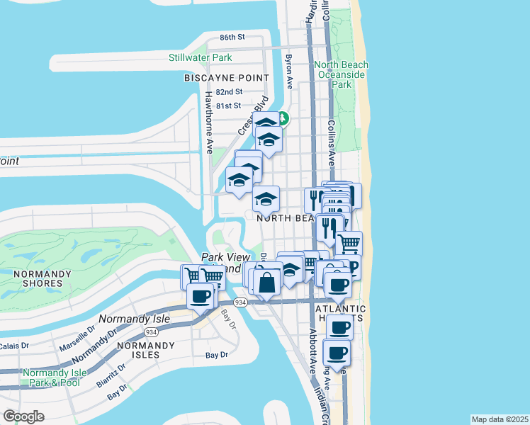 map of restaurants, bars, coffee shops, grocery stores, and more near 7620 Dickens Avenue in Miami Beach
