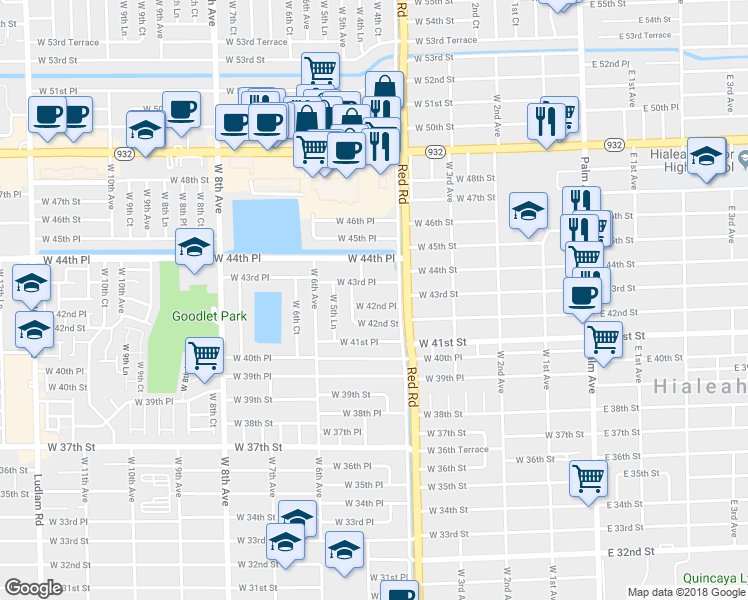 map of restaurants, bars, coffee shops, grocery stores, and more near 440 West 43rd Place in Hialeah