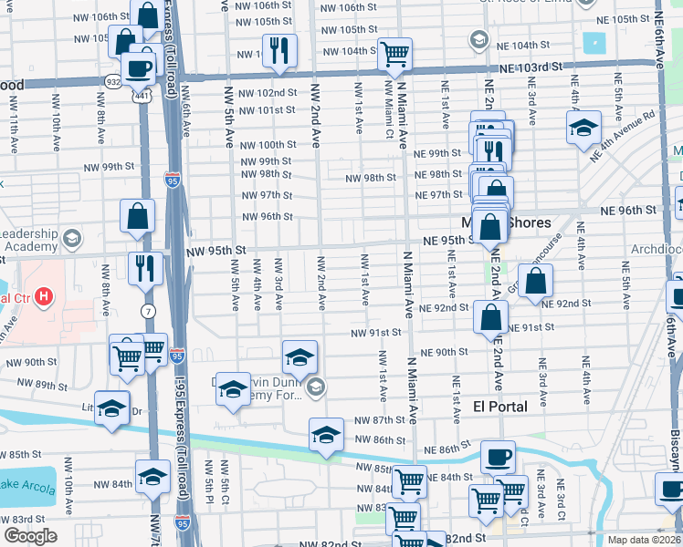 map of restaurants, bars, coffee shops, grocery stores, and more near 150 Northwest 94th Street in Miami Shores