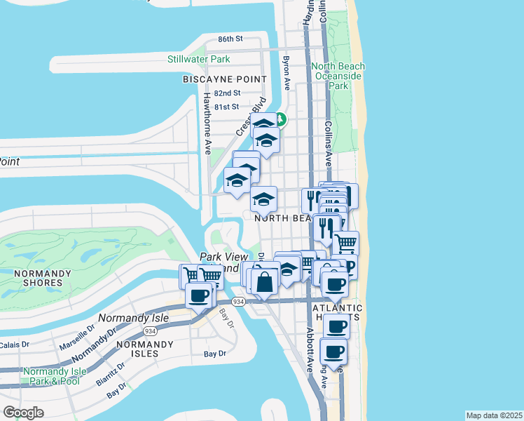 map of restaurants, bars, coffee shops, grocery stores, and more near 7620 Dickens Avenue in Miami Beach