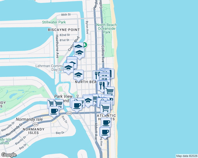 map of restaurants, bars, coffee shops, grocery stores, and more near in Miami Beach