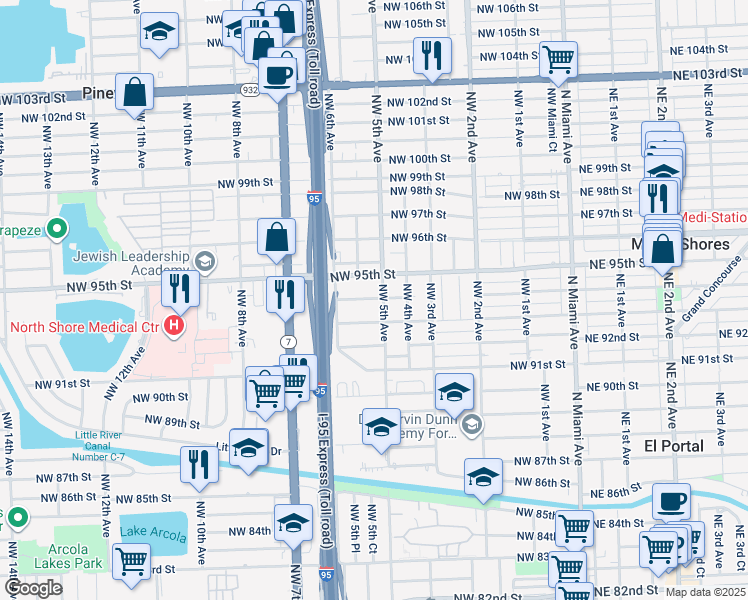 map of restaurants, bars, coffee shops, grocery stores, and more near 544 Northwest 95th Street in Miami