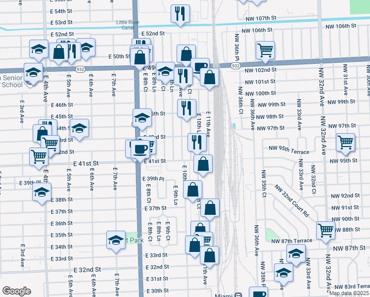 map of restaurants, bars, coffee shops, grocery stores, and more near 4245 East 10th Court in Hialeah