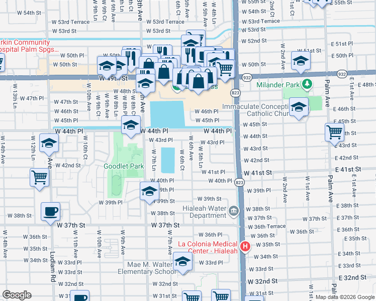 map of restaurants, bars, coffee shops, grocery stores, and more near 4282 West 6th Avenue in Hialeah
