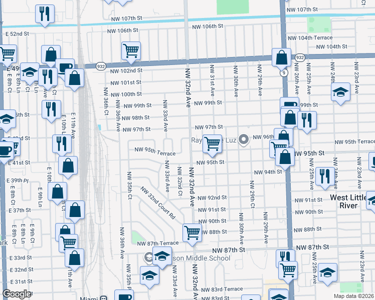 map of restaurants, bars, coffee shops, grocery stores, and more near 9580 Northwest 32nd Court in Miami