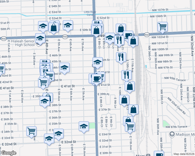 map of restaurants, bars, coffee shops, grocery stores, and more near 4265 East 8th Avenue in Hialeah