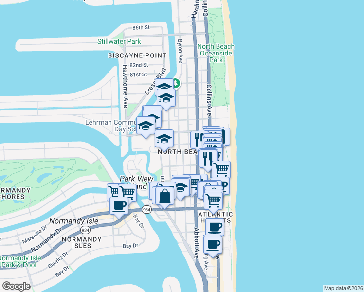 map of restaurants, bars, coffee shops, grocery stores, and more near 7620 Byron Avenue in Miami Beach