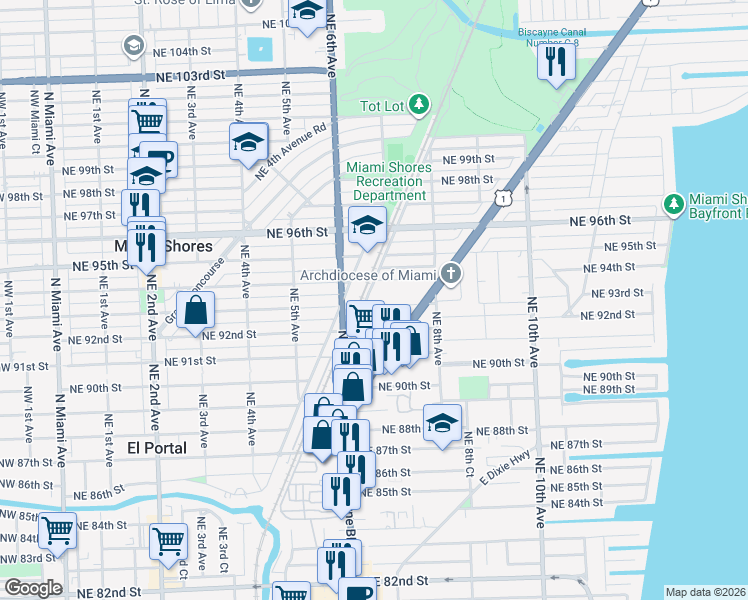 map of restaurants, bars, coffee shops, grocery stores, and more near 700 Northeast 94th Street in Miami Shores