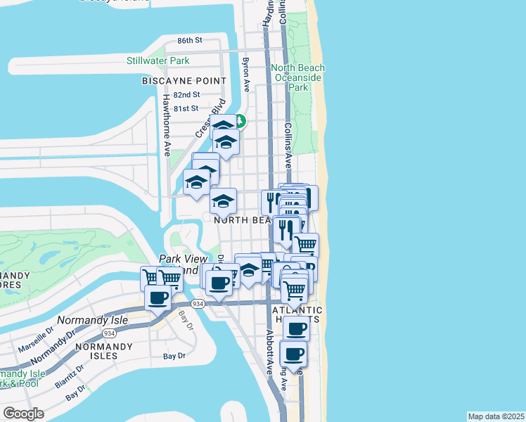 map of restaurants, bars, coffee shops, grocery stores, and more near in Miami Beach