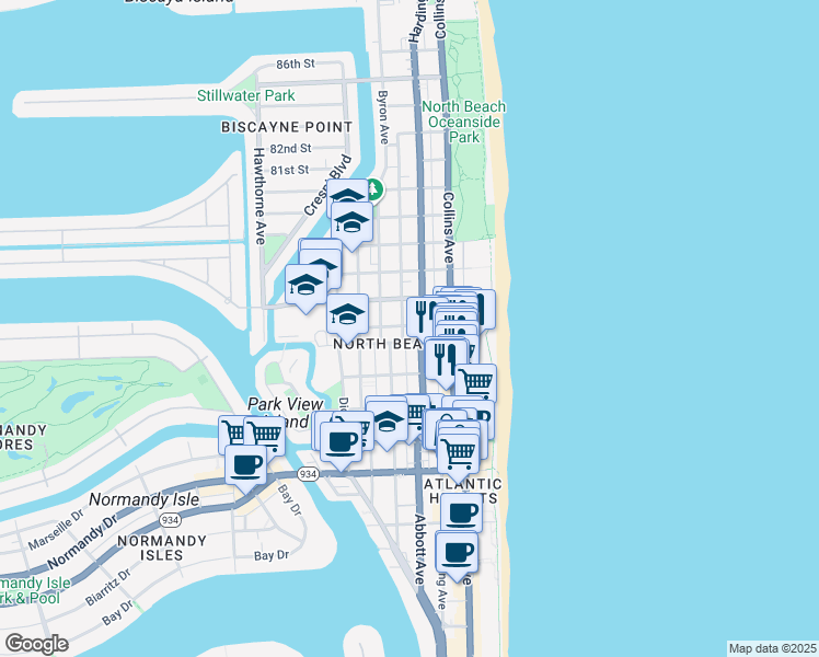 map of restaurants, bars, coffee shops, grocery stores, and more near in Miami Beach