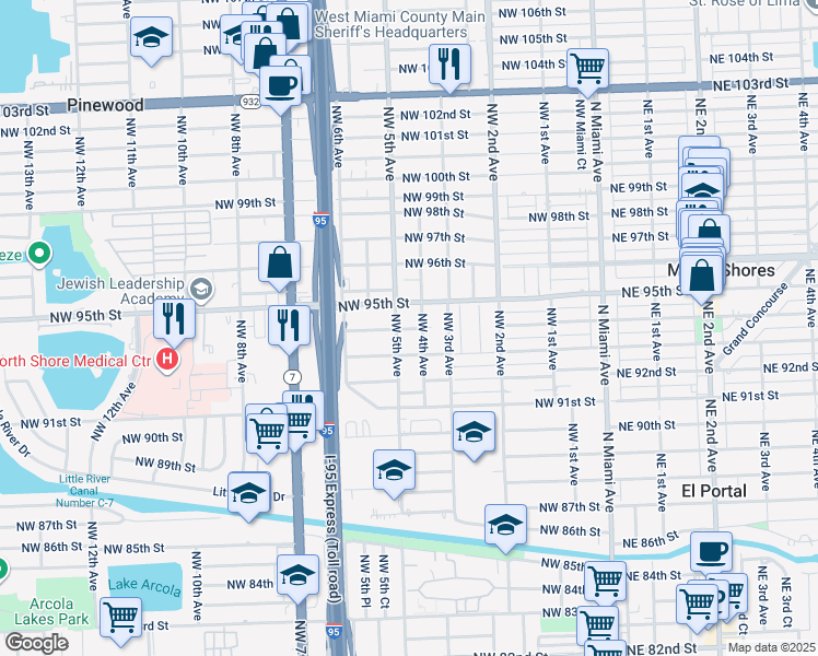 map of restaurants, bars, coffee shops, grocery stores, and more near 9416 Northwest 4th Avenue in Miami