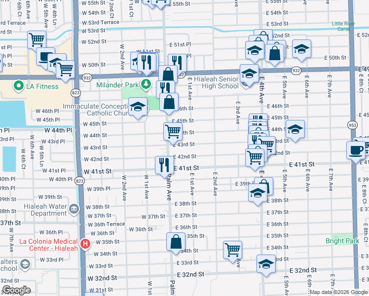map of restaurants, bars, coffee shops, grocery stores, and more near 51 East 43rd Street in Hialeah