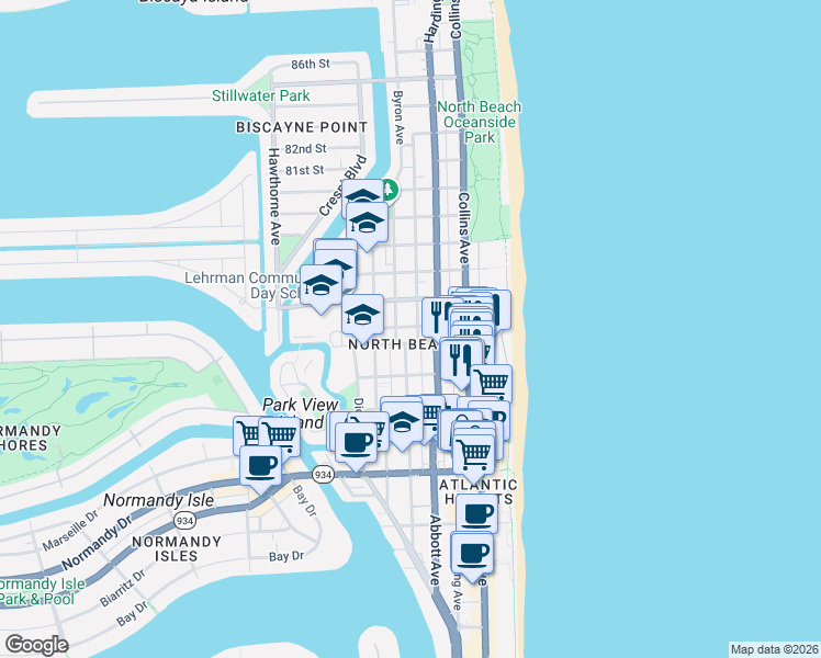 map of restaurants, bars, coffee shops, grocery stores, and more near in Miami Beach