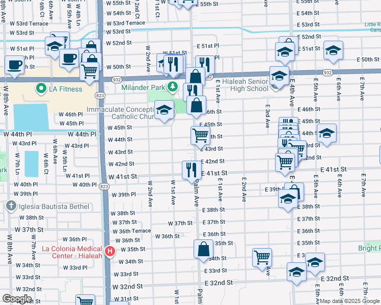 map of restaurants, bars, coffee shops, grocery stores, and more near in Hialeah