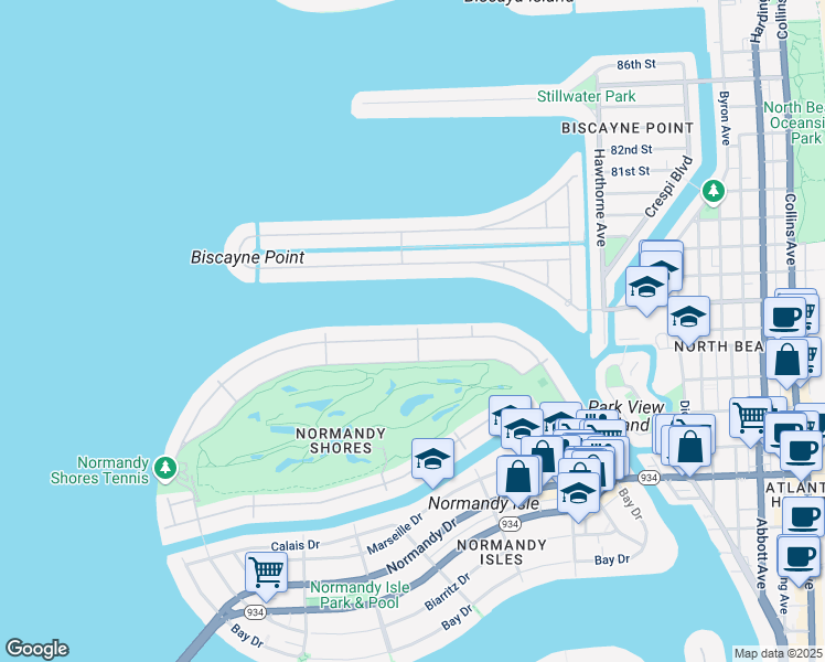 map of restaurants, bars, coffee shops, grocery stores, and more near 515 North Shore Drive in Miami Beach