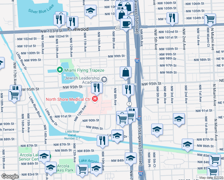 map of restaurants, bars, coffee shops, grocery stores, and more near 800 Northwest 95th Street in Miami