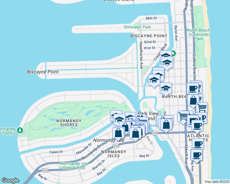 map of restaurants, bars, coffee shops, grocery stores, and more near 251 North Shore Drive in Miami Beach