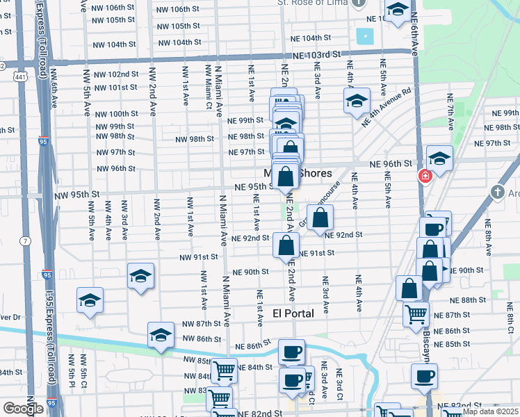map of restaurants, bars, coffee shops, grocery stores, and more near 141 Northeast 94th Street in Miami Shores