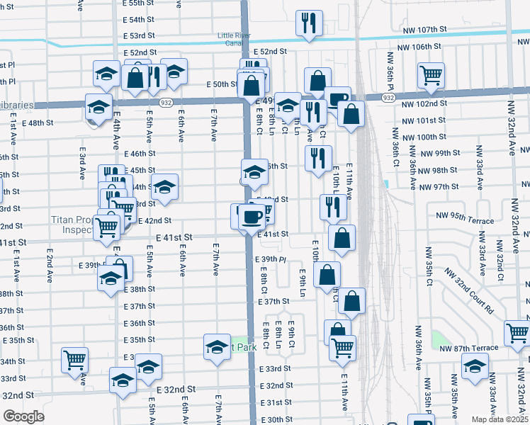 map of restaurants, bars, coffee shops, grocery stores, and more near 4265 East 8th Lane in Hialeah