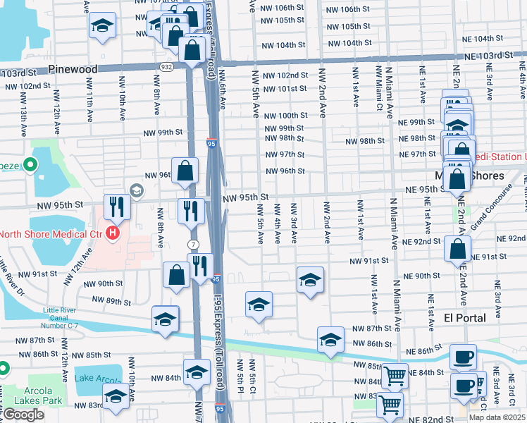 map of restaurants, bars, coffee shops, grocery stores, and more near 9416 Northwest 4th Avenue in Miami