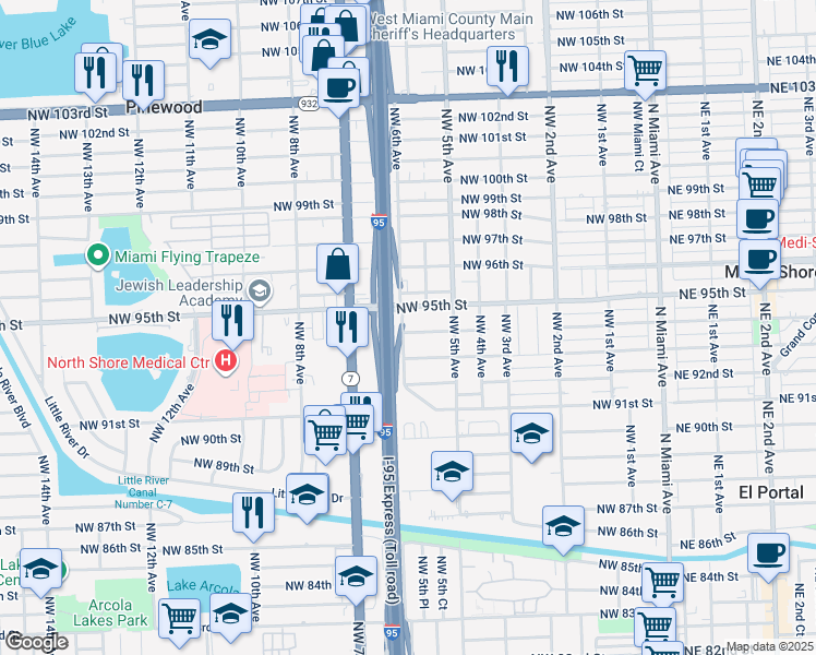 map of restaurants, bars, coffee shops, grocery stores, and more near 580 Northwest 95th Street in Miami